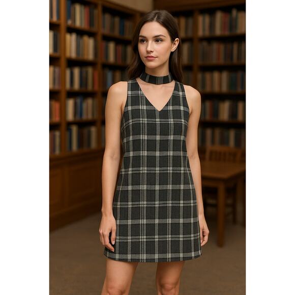 NWT Hem Thread Plaid Choker Dress Sm Preppy Collared Cutout Style Academia Core - Picture 2 of 10